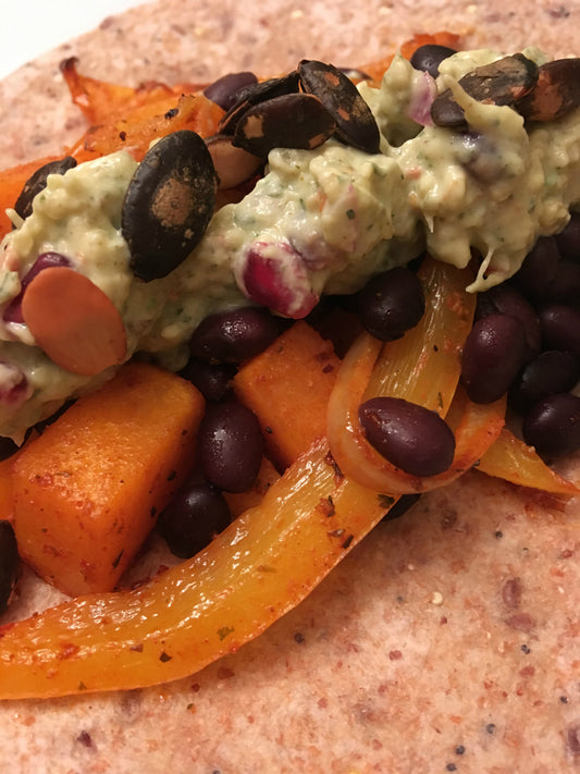 Roasted Butternut Squash Fajitas with Pomegranate Guacamole