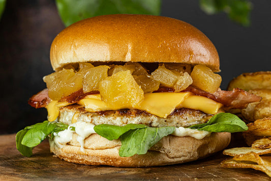 Summer Burgers with Pineapple Jam and Candied Pineapple Bacon