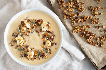 Roasted Cauliflower Soup with Honey- Hazelnut Praline Crumble