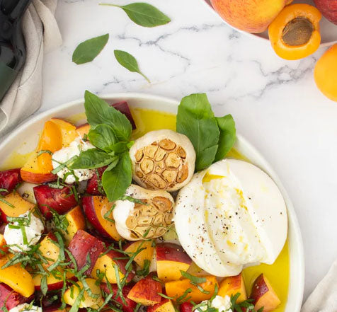 Summer Stone Fruit, Roasted Garlic and Burrata Salad