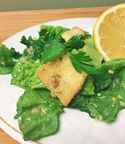 Lemony Kale Caesar Salad with Spicy Croutons
