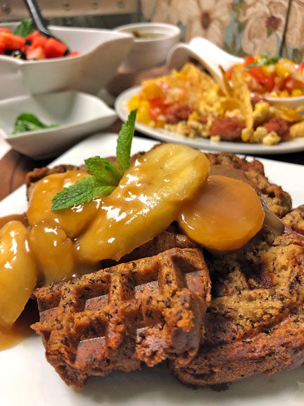 Banana Bread Waffles with Salted Caramel & Banana Rum Sauce