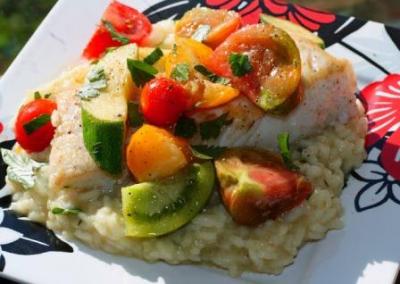 Pan Seared Halibut with Warm Marinated Heirloom Tomato, and Baby Squash Salad