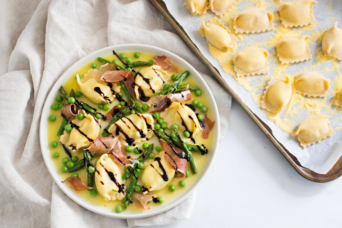 Agnolotti with Spring Vegetables and Prosciutto