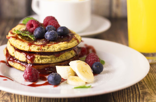 Olive Oil Pancakes with Balsamic Fruit Salad